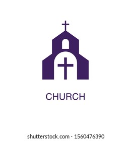Church element in flat simple style on white background. Church icon, with text name concept template
