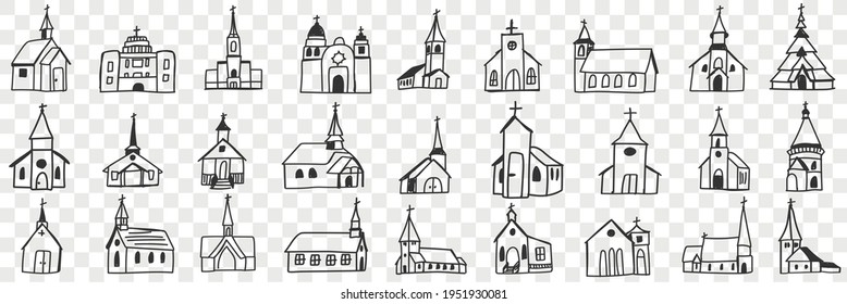 Church facades with towers doodle set