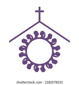 Church family, community worship unity symbol. Man and woman under roof with cross