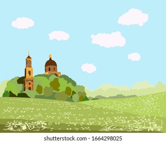 Church in a field surrounded by herbs and flowers