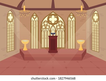 Church flat color vector illustration. Hall for religious ceremony. Place for christian engagement. Spiritual wedding service. Chapel 2D cartoon interior with ornate window on background