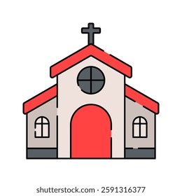 Church Flat design style, red and white building with a cross, representing Christian places of worship, great for religious designs, faith-related content, and educational materials.