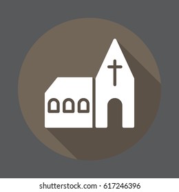 Church flat icon. Round colorful button, circular vector sign with long shadow effect. Flat style design