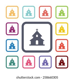 church flat icons set. Open colorful buttons 