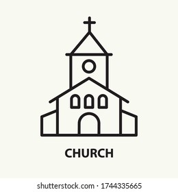 Icono de línea plana de la iglesia. Sencillo símbolo de religión de contorno fino. Ilustración vectorial.