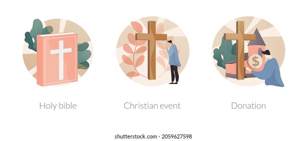 Church gathering abstract concept vector illustration set. Holy bible, christian event, donation fund, word of God, religious media, holy days calendar, sunday mass, charity abstract metaphor.