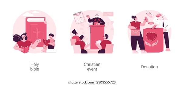 Conjunto de ilustraciones vectoriales de concepto abstracto de la iglesia. Bíblica sagrada, evento cristiano, fondo de donación, palabra de Dios, medios religiosos, calendario de días sagrados, misa de domingo, metáfora abstracta de caridad.