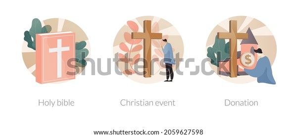 Church gathering abstract concept vector
illustration set. Holy bible, christian event, donation fund, word
of God, religious media, holy days calendar, sunday mass, charity
abstract metaphor.