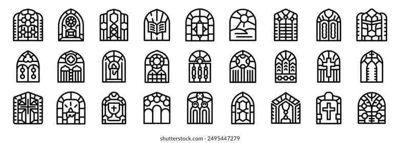 Church glass icons set. Diverse collection of arched church stained glass windows, each featuring intricate designs and meaningful religious symbols