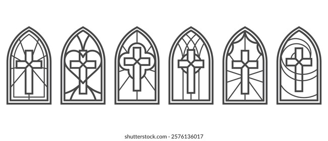 Church glass window with catholic cross. Gothic cathedral arch with pattern. Medieval stained frame on white background. Silhouette of vintage architecture outline illustrations