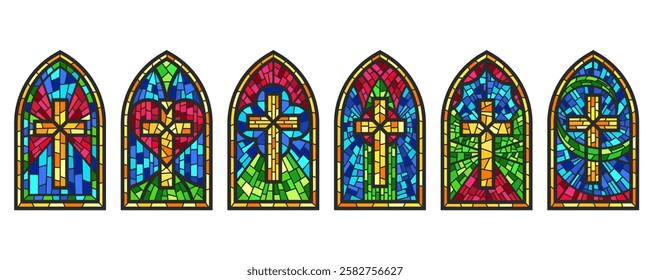 Church glass window. Gothic cathedral color stained frames. Catholic vector vintage architecture religion mosaic elements on white background.