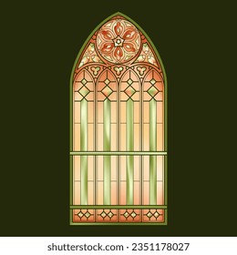 Church glass window. Stained glass arch on green background.