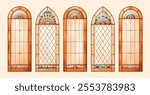 Church glass windows. Catholic Christian frames. Warm colors.
