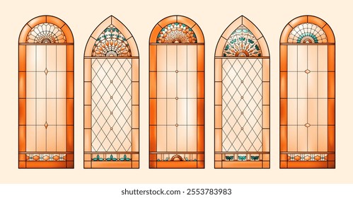 Church glass windows. Catholic Christian frames. Warm colors.