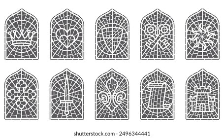 Church glass windows. Gothic vector arch frame with medieval symbols. Vintage architecture elements. Stained mosaic decoration set with crown, heart, shield and sword.