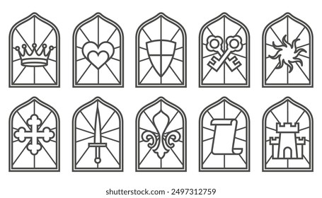 Church glass windows. Gothic vector arch frame with medieval symbols. Vintage architecture elements. Stained mosaic decoration set with crown, heart, shield and sword.