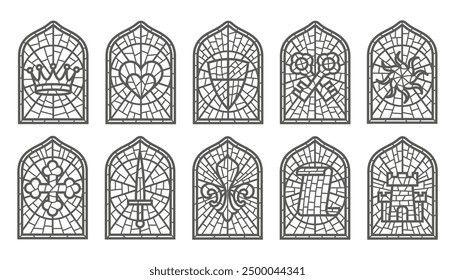 Church glass windows. Gothic vector arch frame with medieval symbols. Vintage architecture elements. Stained mosaic decoration set with crown, heart, shield and sword.