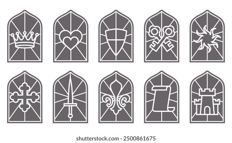 Church glass windows. Gothic vector arch frame with medieval symbols. Vintage architecture elements. Stained mosaic decoration set with crown, heart, shield and sword.