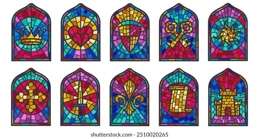 Church glass windows. Gothic vector arch frame with medieval symbols. Vintage architecture elements. Stained color mosaic decoration set with crown, heart, shield and sword.