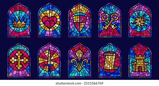 Church glass windows. Gothic vector arch frame with medieval symbols. Vintage architecture elements. Stained color mosaic decoration set with crown, heart, shield and sword.