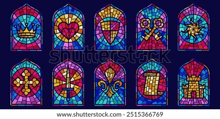 Church glass windows. Gothic vector arch frame with medieval symbols. Vintage architecture elements. Stained color mosaic decoration set with crown, heart, shield and sword.