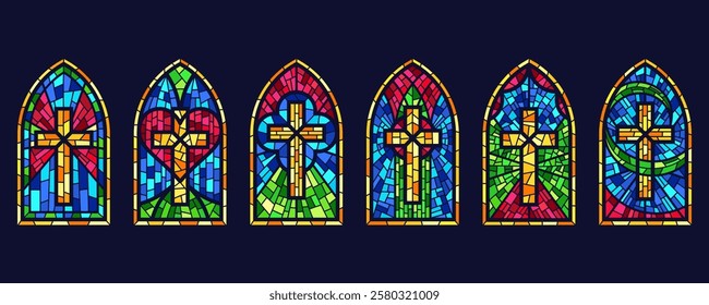 Church glass windows set. Gothic cathedral color stained frames. Catholic vector vintage architecture religion mosaic elements isolated on white background.