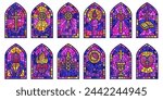 Church glass windows. Stained mosaic catholic frames with cross, book and religious symbols. Vector set isolated on white background.