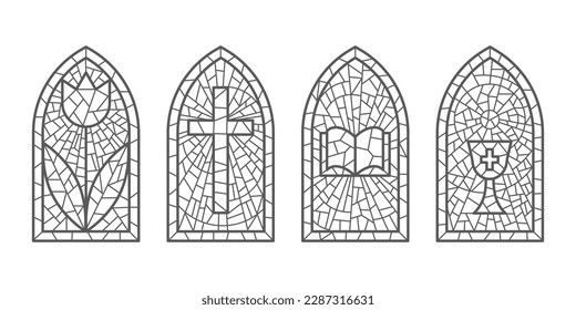 Church glass windows. Stained mosaic catholic frames with cross, book and religious symbols. Vector set isolated on white background.