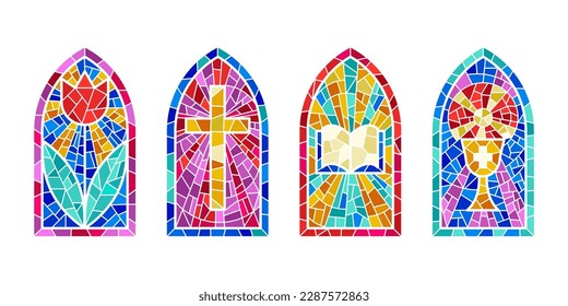 Church glass windows. Stained mosaic catholic frames with cross, book and religious symbols. Vector set isolated on white background.