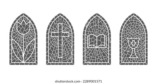 Kirchenfenster. Gestaltete katholische Mosaikrahmen mit Kreuz-, Buch- und religiösen Symbolen. Vektorgrafik einzeln auf weißem Hintergrund.