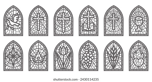 Church glass windows. Stained mosaic catholic and christian frames with cross. Vector gothic medieval outline arches isolated on white background.