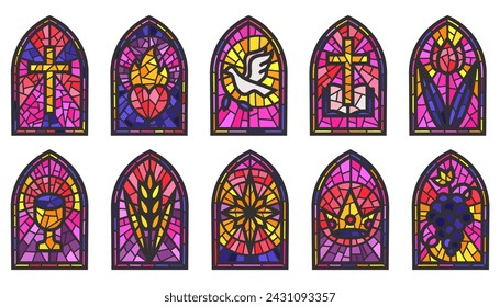 Church glass windows. Stained mosaic catholic frames with cross, book and religious symbols. Vector set isolated on white background.