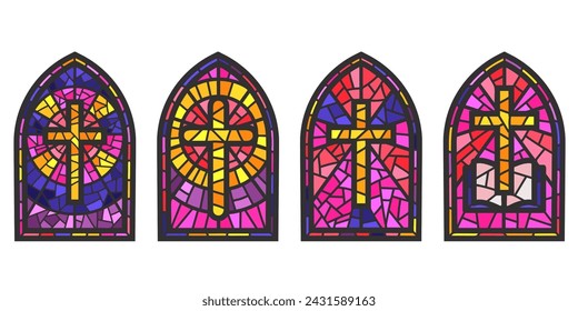 Church glass windows. Stained mosaic catholic and christian frames with cross. Vector gothic medieval arches isolated on white background.