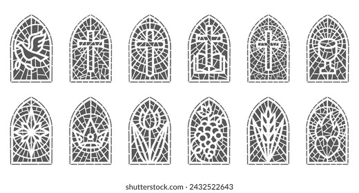 Ventanas de vidrio de la iglesia. Mosaico teñido de marcos católicos y cristianos con cruz. Vector gótico medieval arcos de contorno aislados sobre fondo blanco.