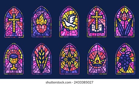 Church glass windows. Stained mosaic catholic frames with cross, book dove heart and religious symbols. Vector set of gothic christian arches on dark background.