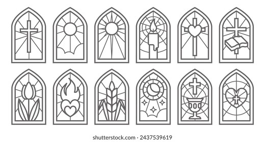 Church glass windows. Stained mosaic catholic and christian frames with cross. Vector gothic medieval outline arches isolated on white background.