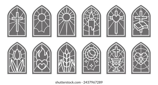 Church glass windows. Stained mosaic catholic and christian frames with cross. Vector gothic medieval outline arches isolated on white background.