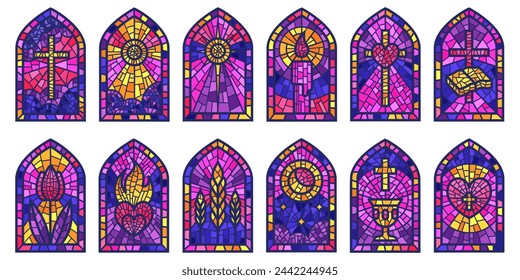 Church glass windows. Stained mosaic catholic frames with cross, book and religious symbols. Vector set isolated on white background.