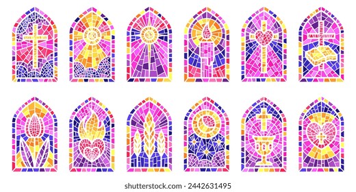 Church glass windows. Stained mosaic catholic frames with cross, book and religious symbols. Vector set isolated on white background.