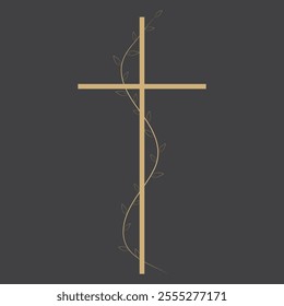 Church gold cross with leaves. Death and funerals illustration.