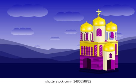 
church with golden domes and a bell in the style of cardboard on a dark background