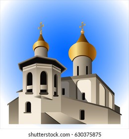 church with golden domes on blue sky background vector illustration