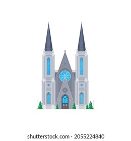 Church, gothic cathedral or old chapel, vector ancient architecture and buildings. Medieval cathedral with glass windows and belfry campaniles of cross on steeples