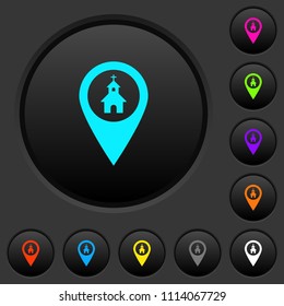 Church GPS map location dark push buttons with vivid color icons on dark grey background