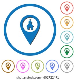 Church GPS map location flat color vector icons with shadows in round outlines on white background