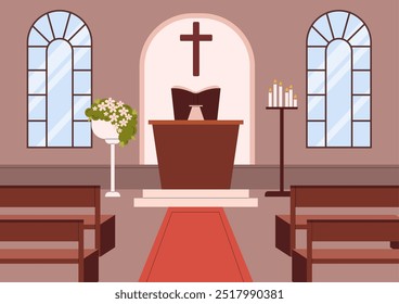 Salão da Igreja para a cerimônia religiosa. Lugar para o noivado cristão. Altar da capela, local de casamento espiritual. Interior com janelas de arco, flores em vaso e velas em chamas. Ilustração em plano vetorial