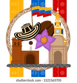 Church with a hat, coffee bean and flag. Representative image of colombia - Vector