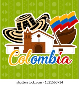 Church with a hat, coffee bean and flag. Representative image of colombia - Vector