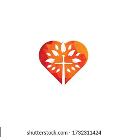 Church heart shape concept logo. Christian church cross praying tree logo. Christian Sword Church Cross logo design	