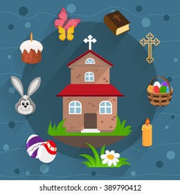 Church, Holy Bible, basket with eggs and other Easter icons in flat style on a blue background